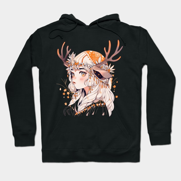 Forest Deer Girl Original Illustration Art Hoodie by luna doodle shop